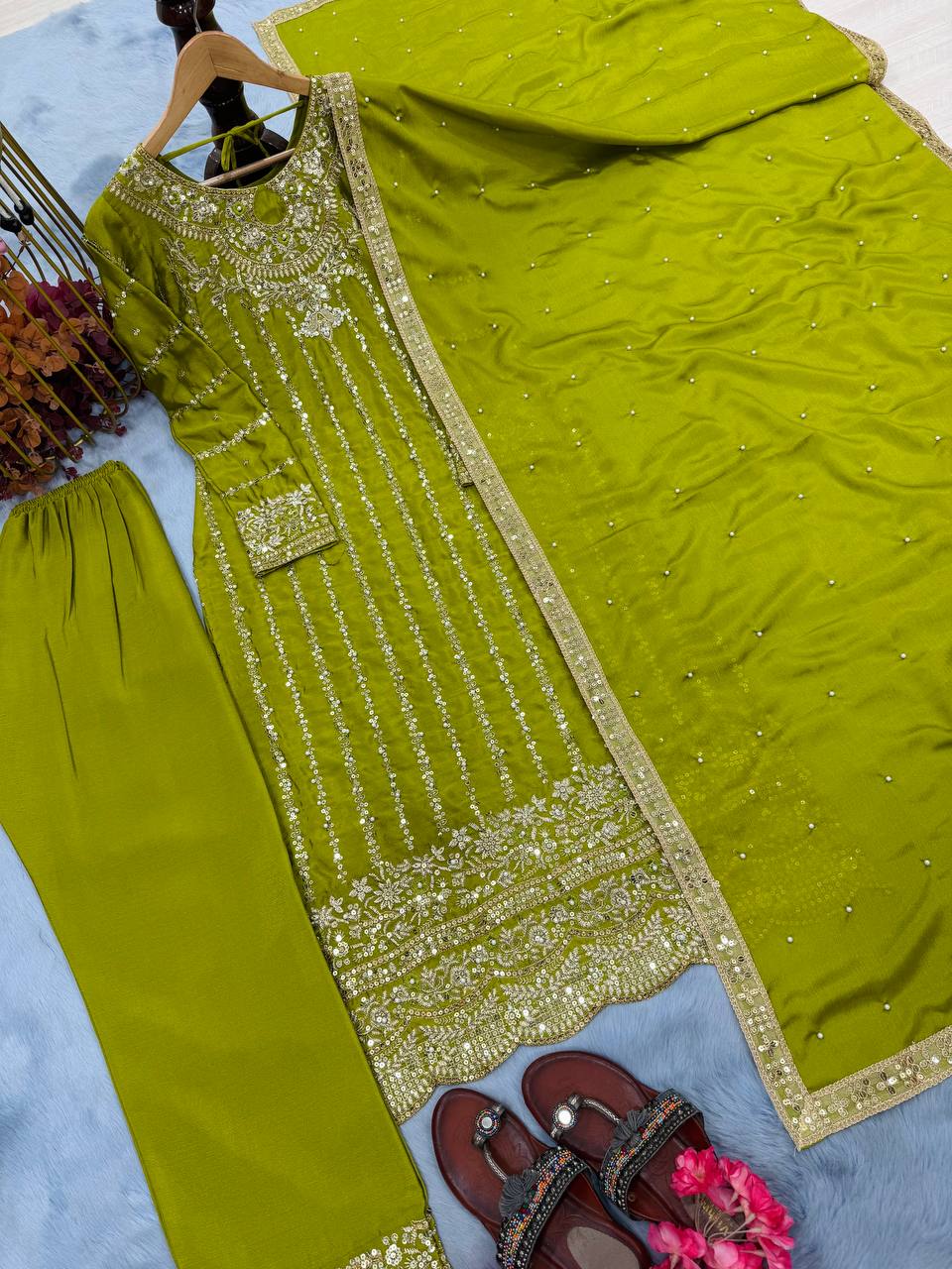 Elegant Embroidered Chinon Silk Suit Set