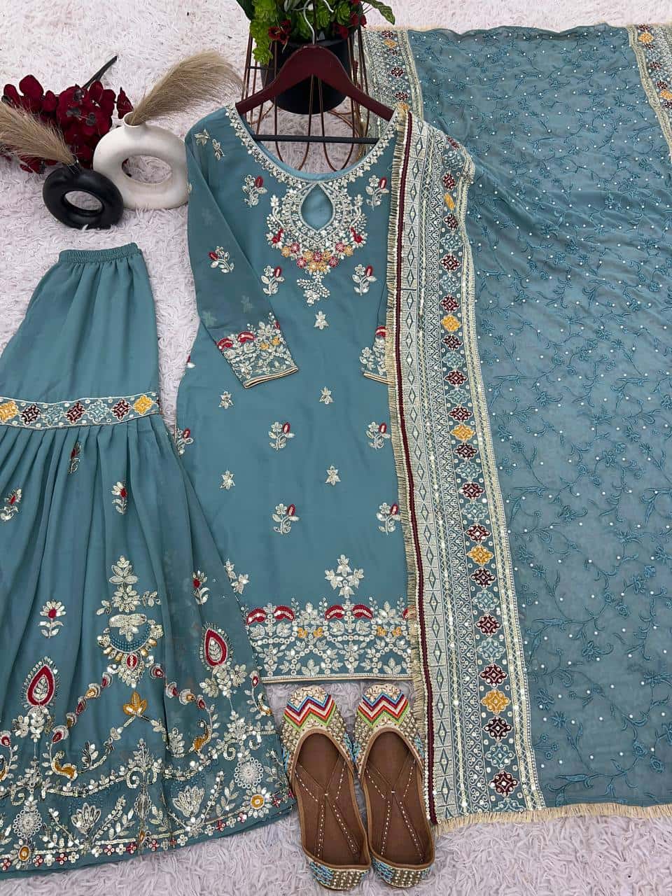 Heavy Faux Georgette Kurta and Sharara with Dupatta Set