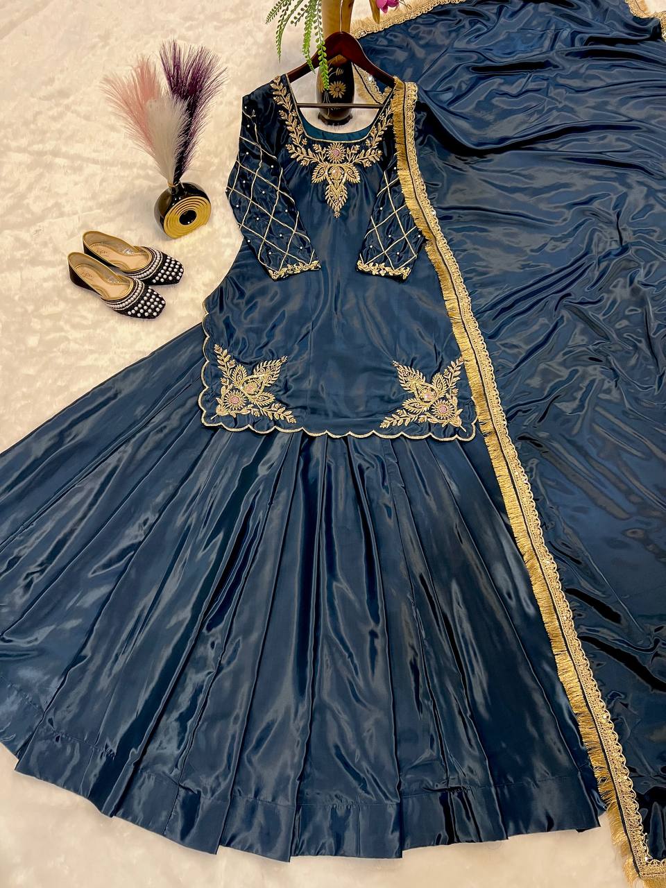 Ready to wear designer Pakistani bride wear Crepe Silk lehenga choli with dupatta set