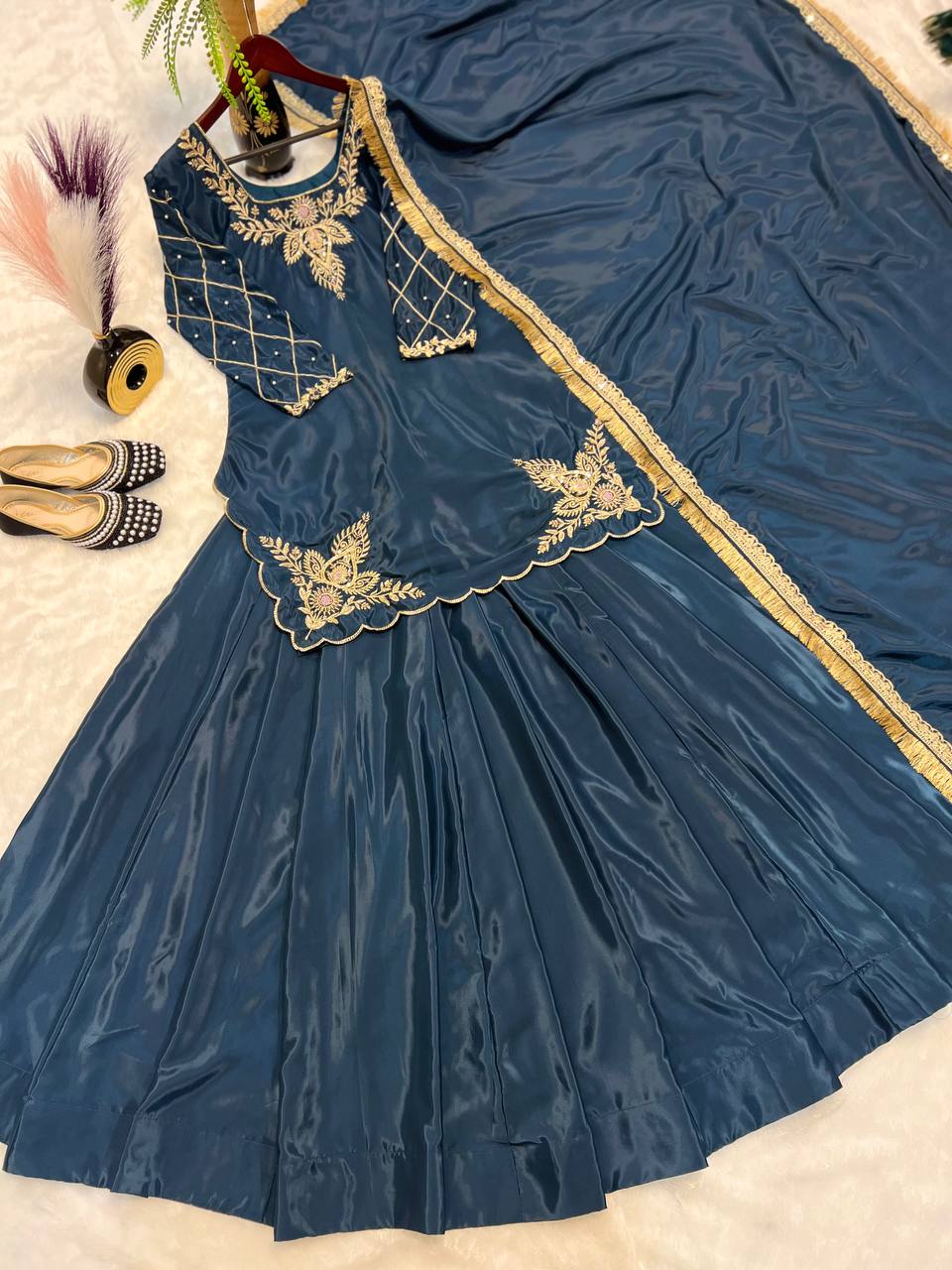 Ready to wear designer Pakistani bride wear Crepe Silk lehenga choli with dupatta set