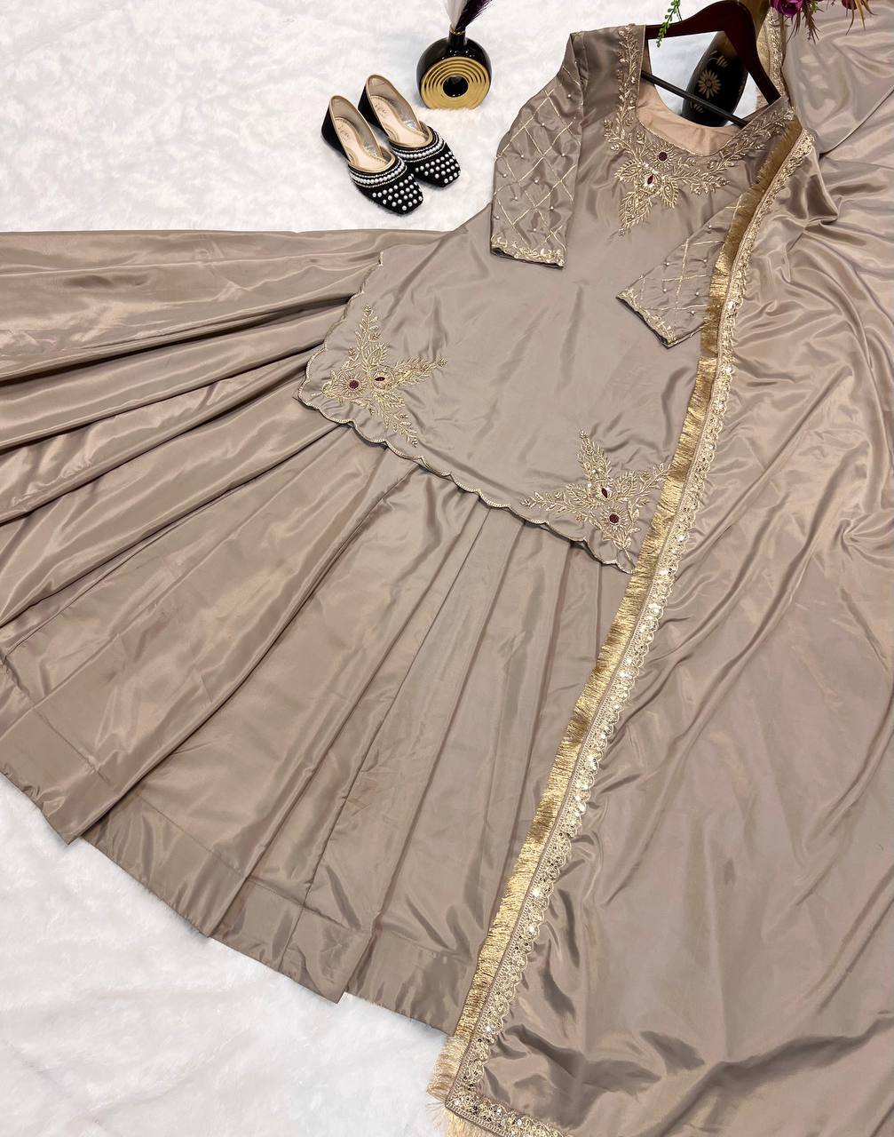 Ready to wear designer Pakistani bride wear Crepe Silk lehenga choli with dupatta set