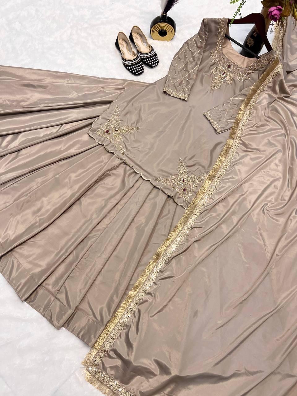 Ready to wear designer Pakistani bride wear Crepe Silk lehenga choli with dupatta set