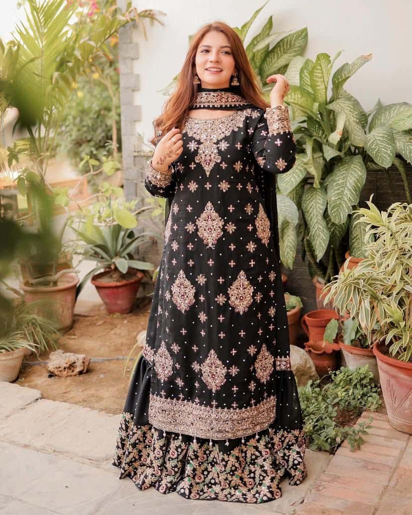 Heavy faux georgette readymade black and white stitch salwar suit
