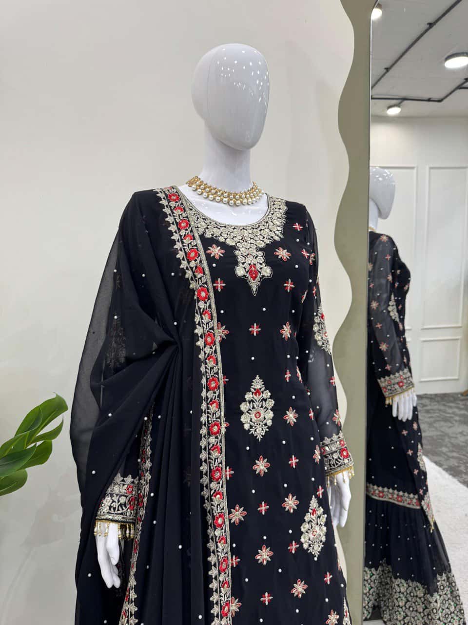 Heavy faux georgette readymade black and white stitch salwar suit