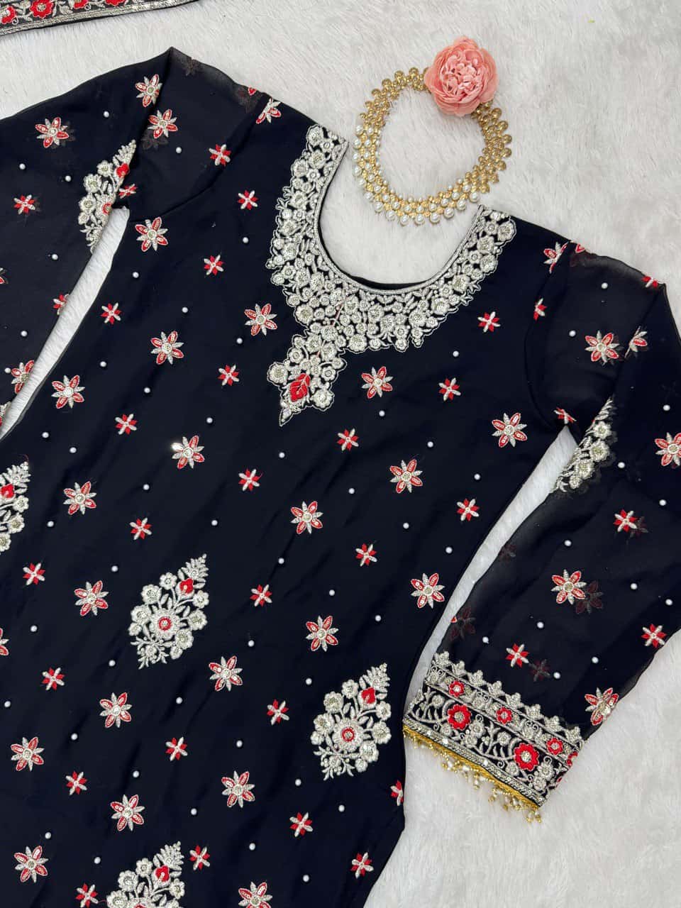 Heavy faux georgette readymade black and white stitch salwar suit