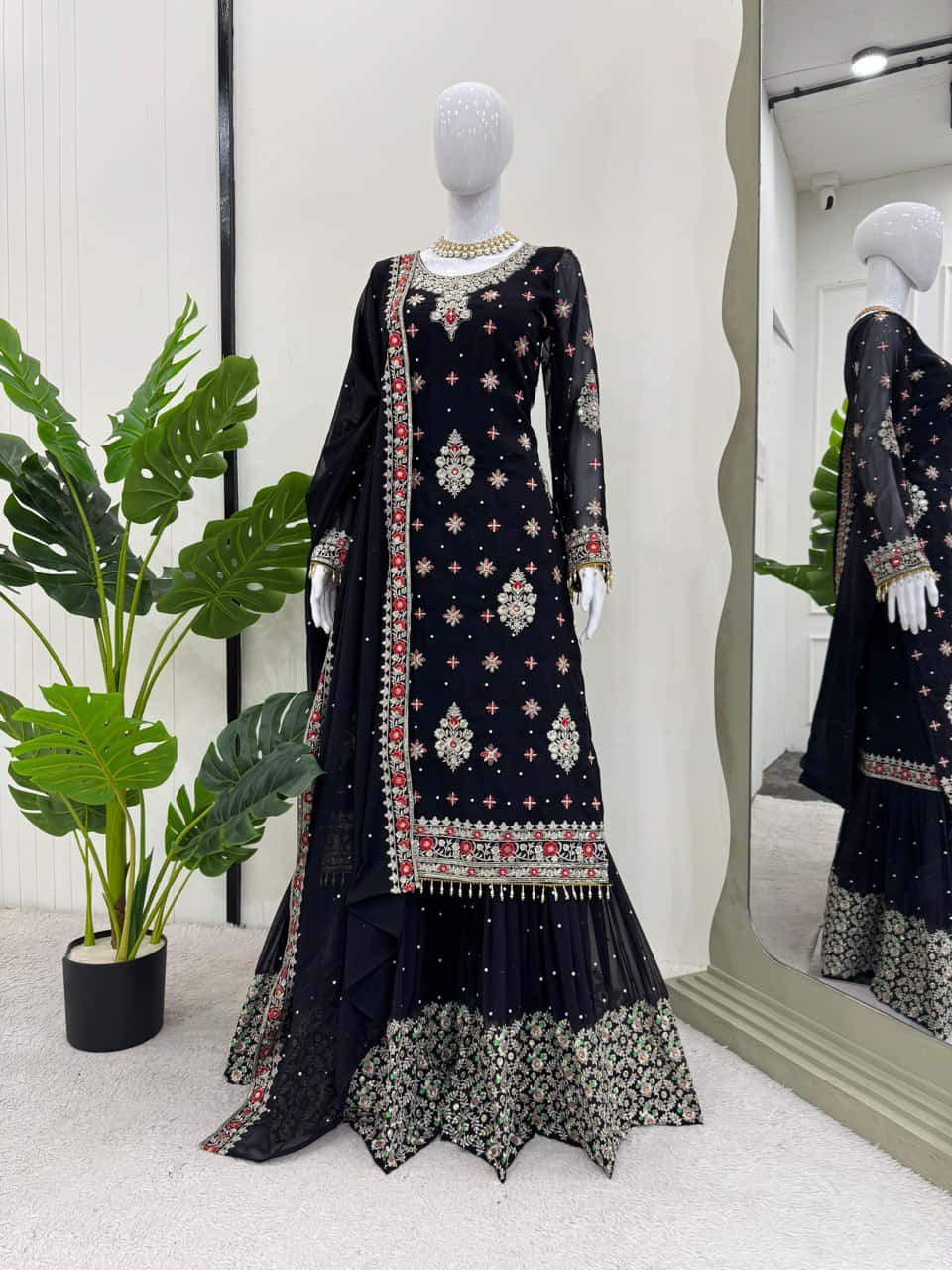 Heavy faux georgette readymade black and white stitch salwar suit