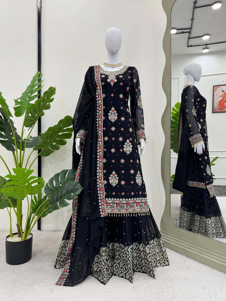 Heavy faux georgette readymade black and white stitch salwar suit