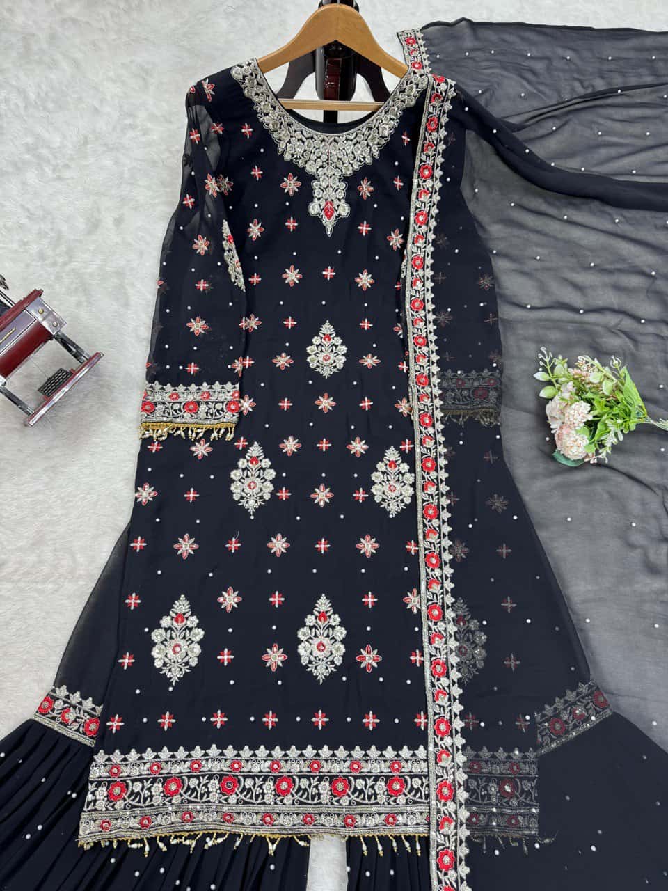 Heavy faux georgette readymade black and white stitch salwar suit
