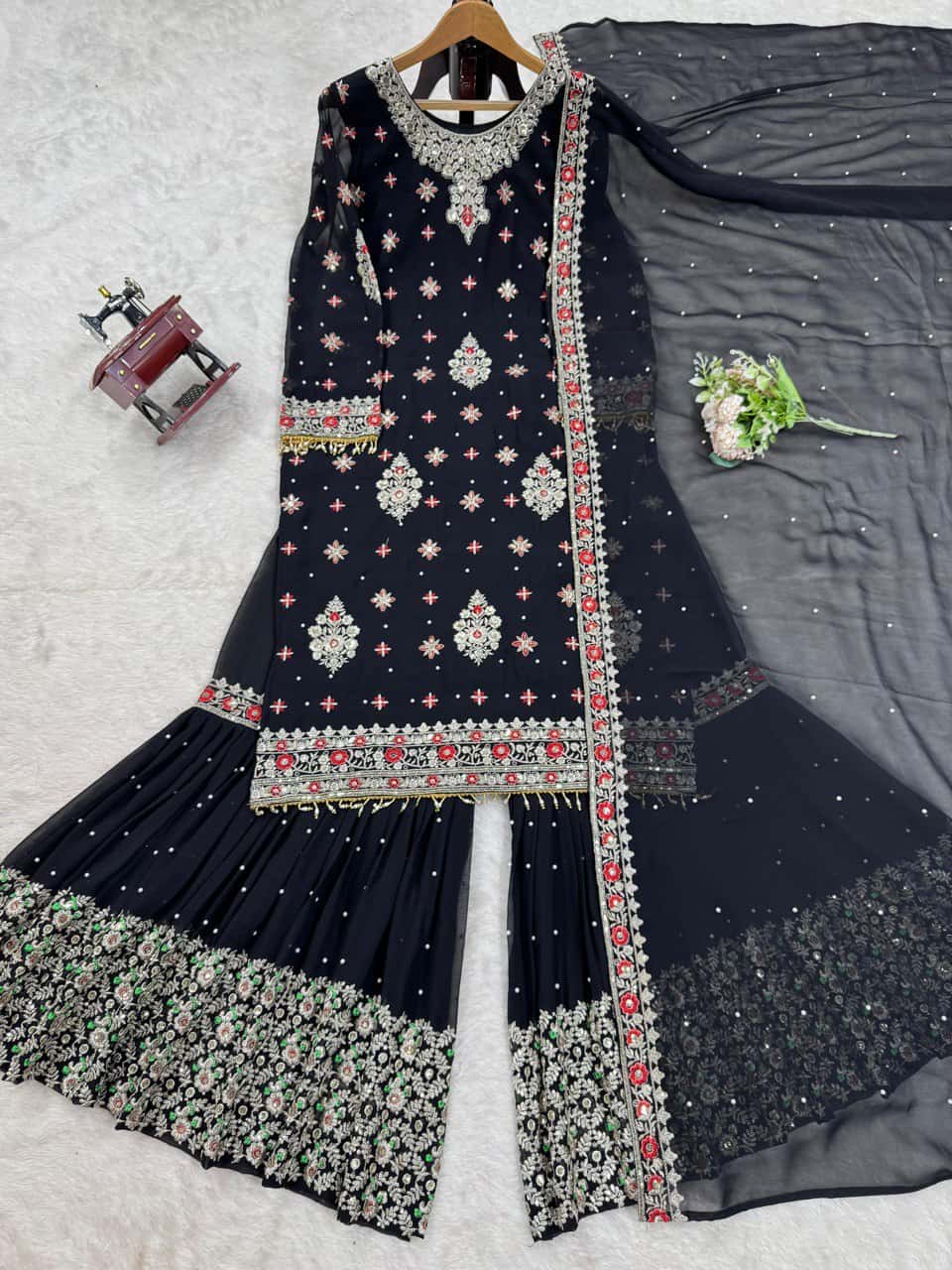 Heavy faux georgette readymade black and white stitch salwar suit