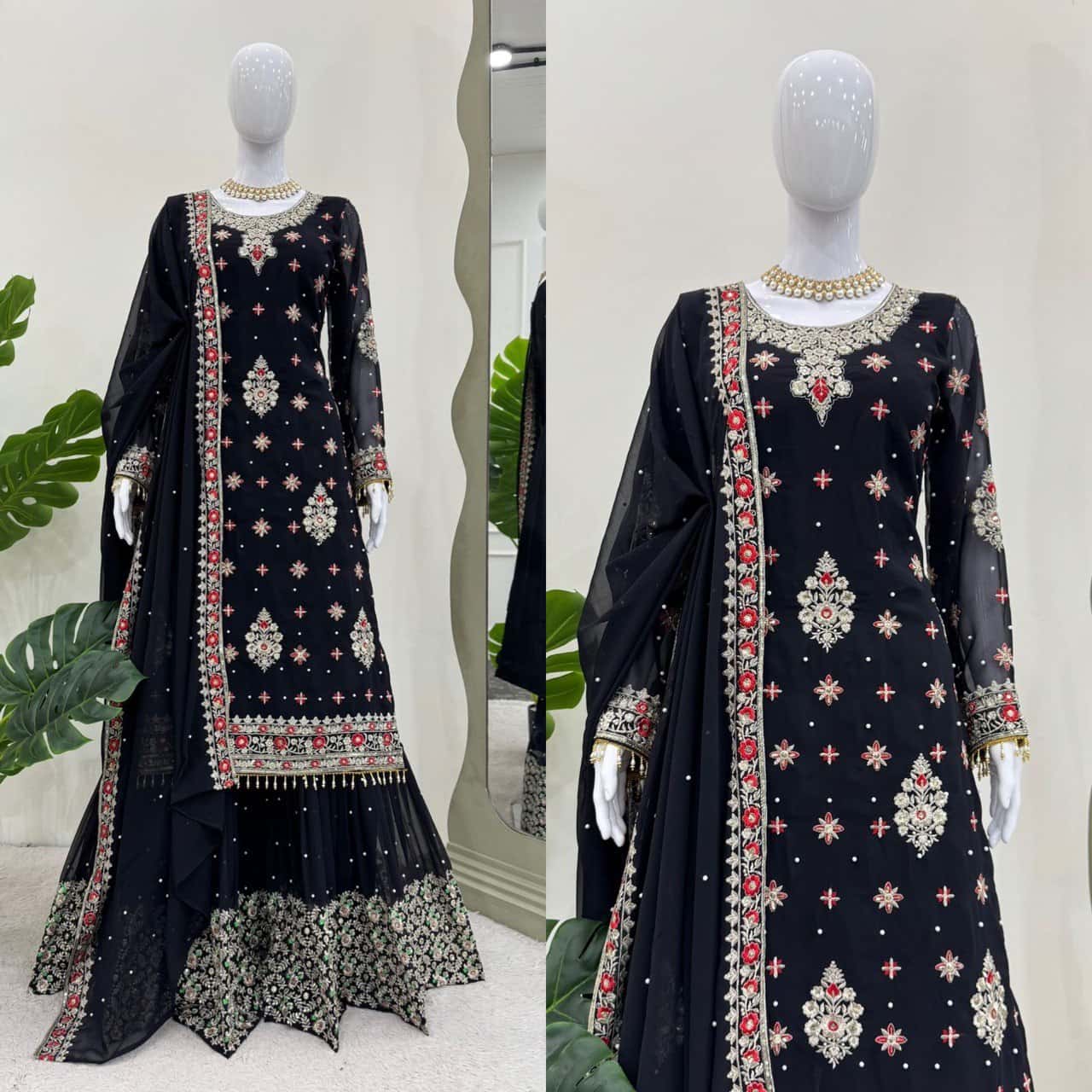 Heavy faux georgette readymade black and white stitch salwar suit