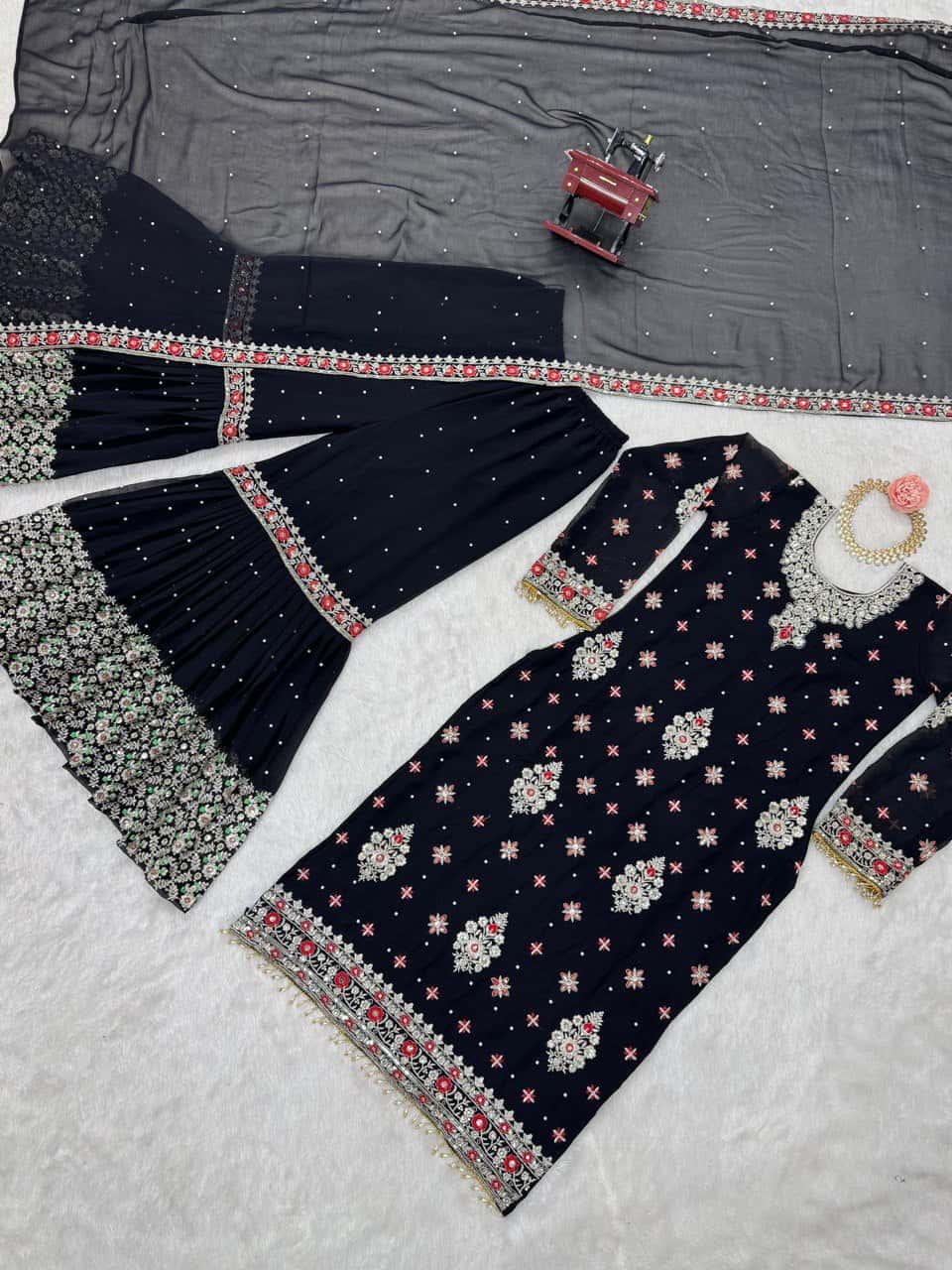 Heavy faux georgette readymade black and white stitch salwar suit