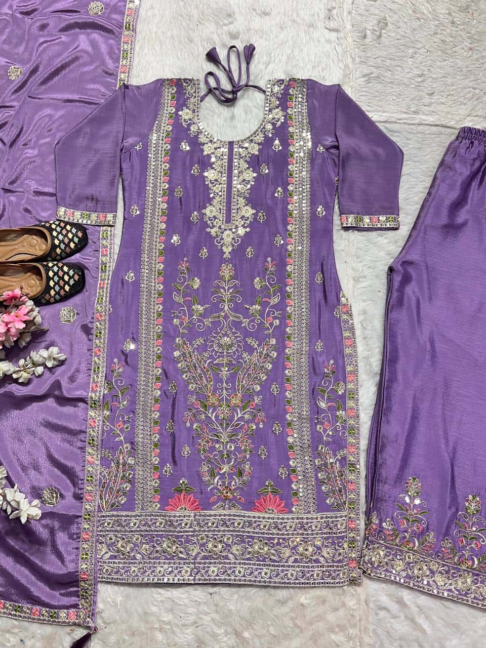 "Luxurious Heavy Chinnon Silk Embroidered Top, Plazzo & Dupatta Set"