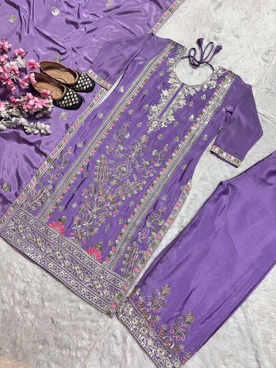 "Luxurious Heavy Chinnon Silk Embroidered Top, Plazzo & Dupatta Set"