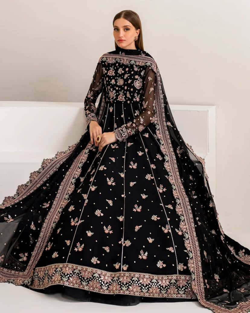 "Elegant Heavy Georgette Gown & Sharara Set with Sequence & Thread Embroidery – Fully Stitched"