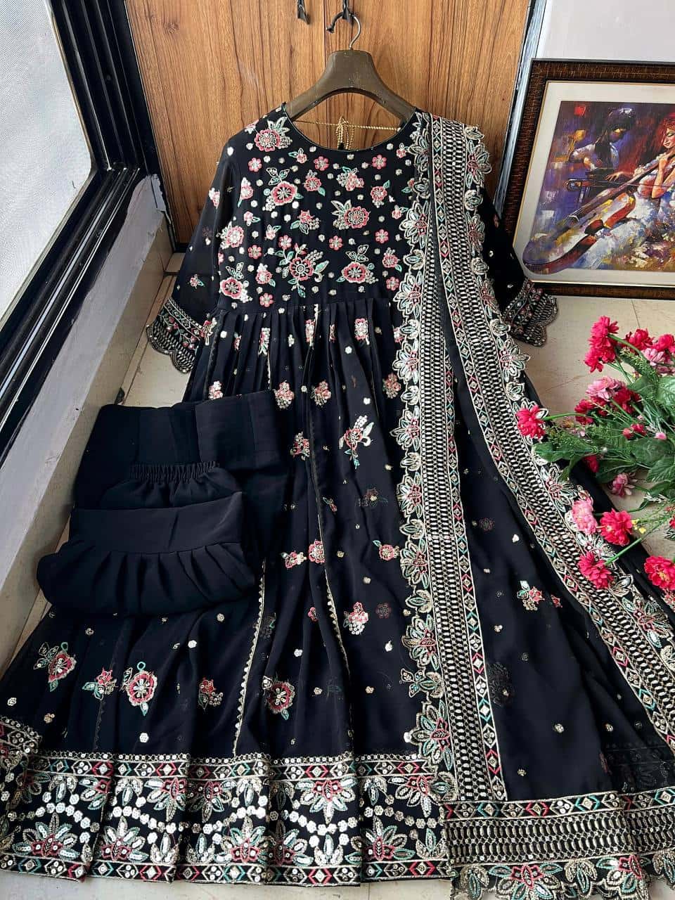 "Elegant Heavy Georgette Gown & Sharara Set with Sequence & Thread Embroidery – Fully Stitched"