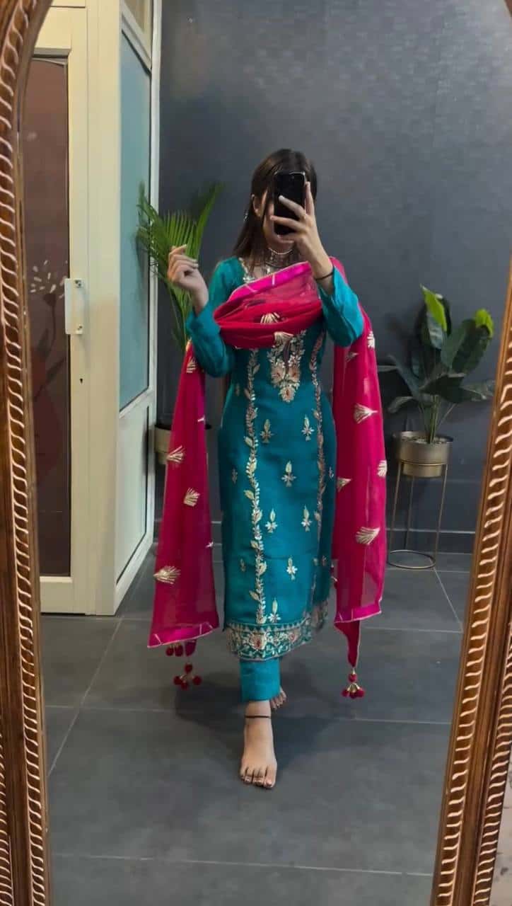 "Elegant Heavy Chinnon Silk Embroidered Set with Full Sleeves & Sequence Work"