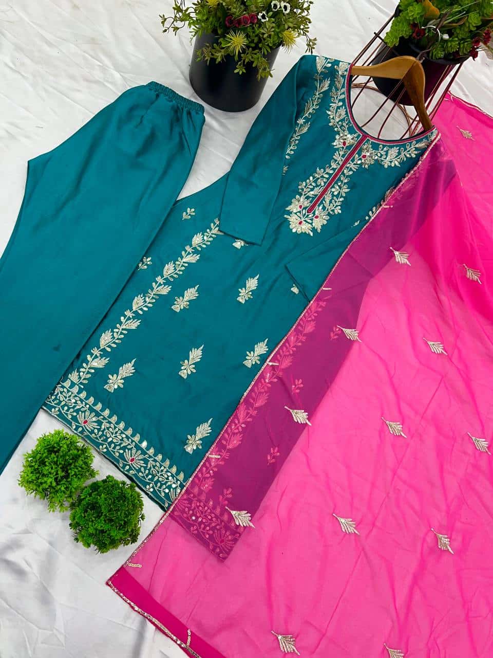 "Elegant Heavy Chinnon Silk Embroidered Set with Full Sleeves & Sequence Work"