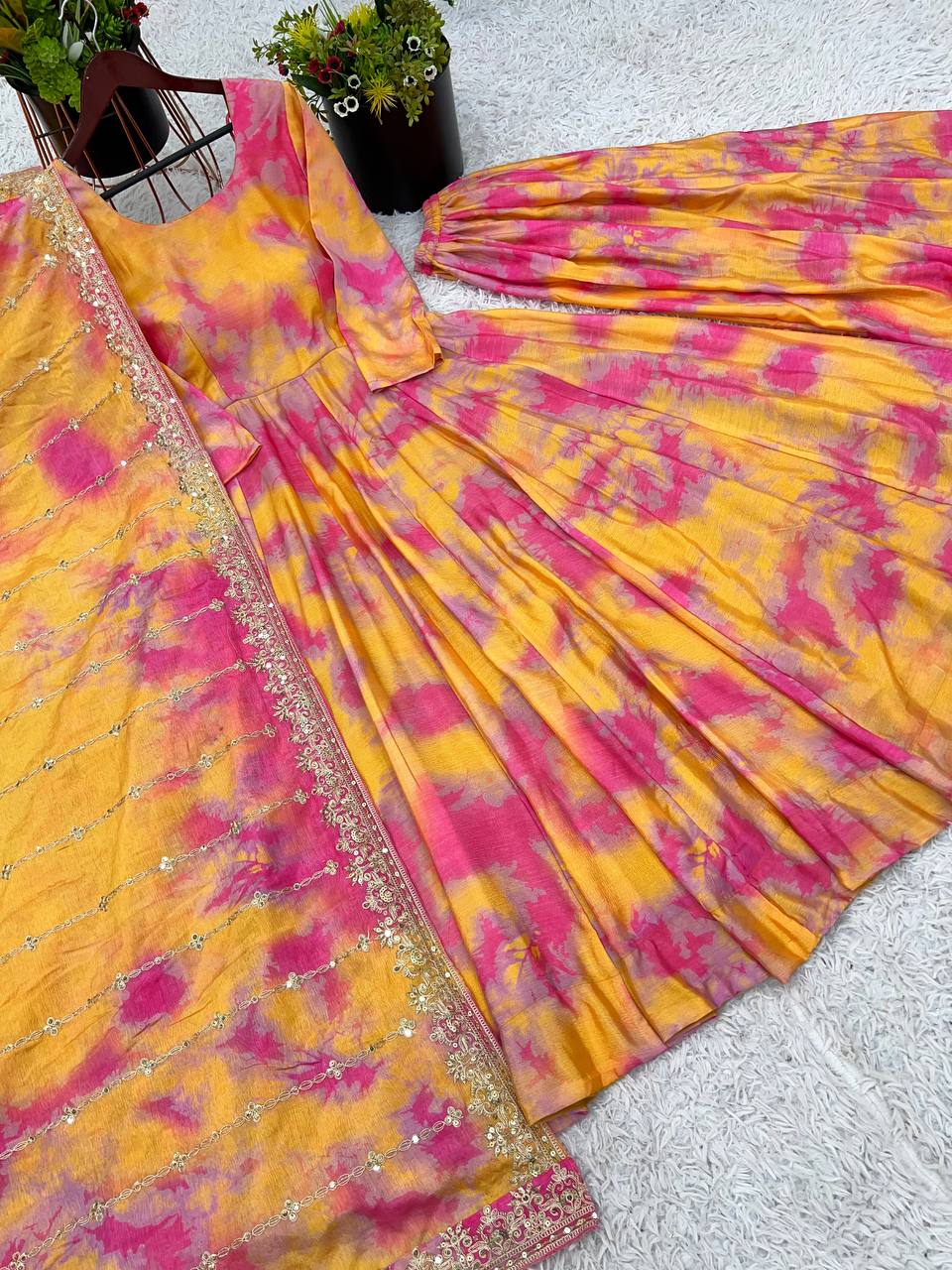 Designer Vichitra Silk Printed Gown with Plazzo & Embroidered Dupatta