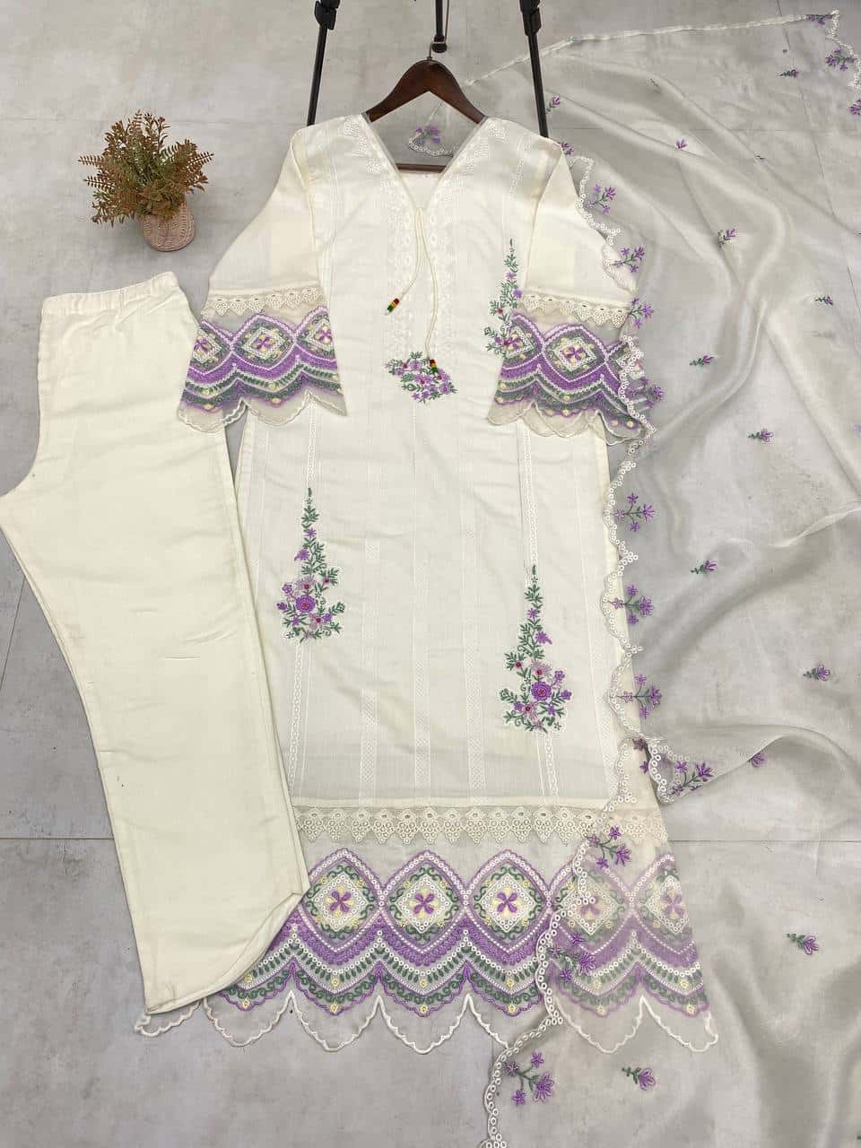 "Elegant Tesla Fabric Embroidered Top, Pant & Dupatta Set with Organza Details"