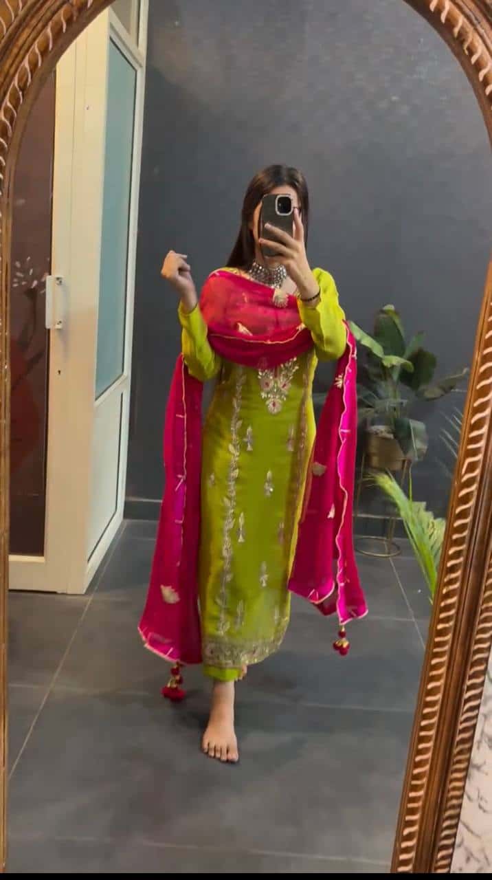 "Elegant Heavy Chinnon Silk Embroidered Set with Full Sleeves & Sequence Work"