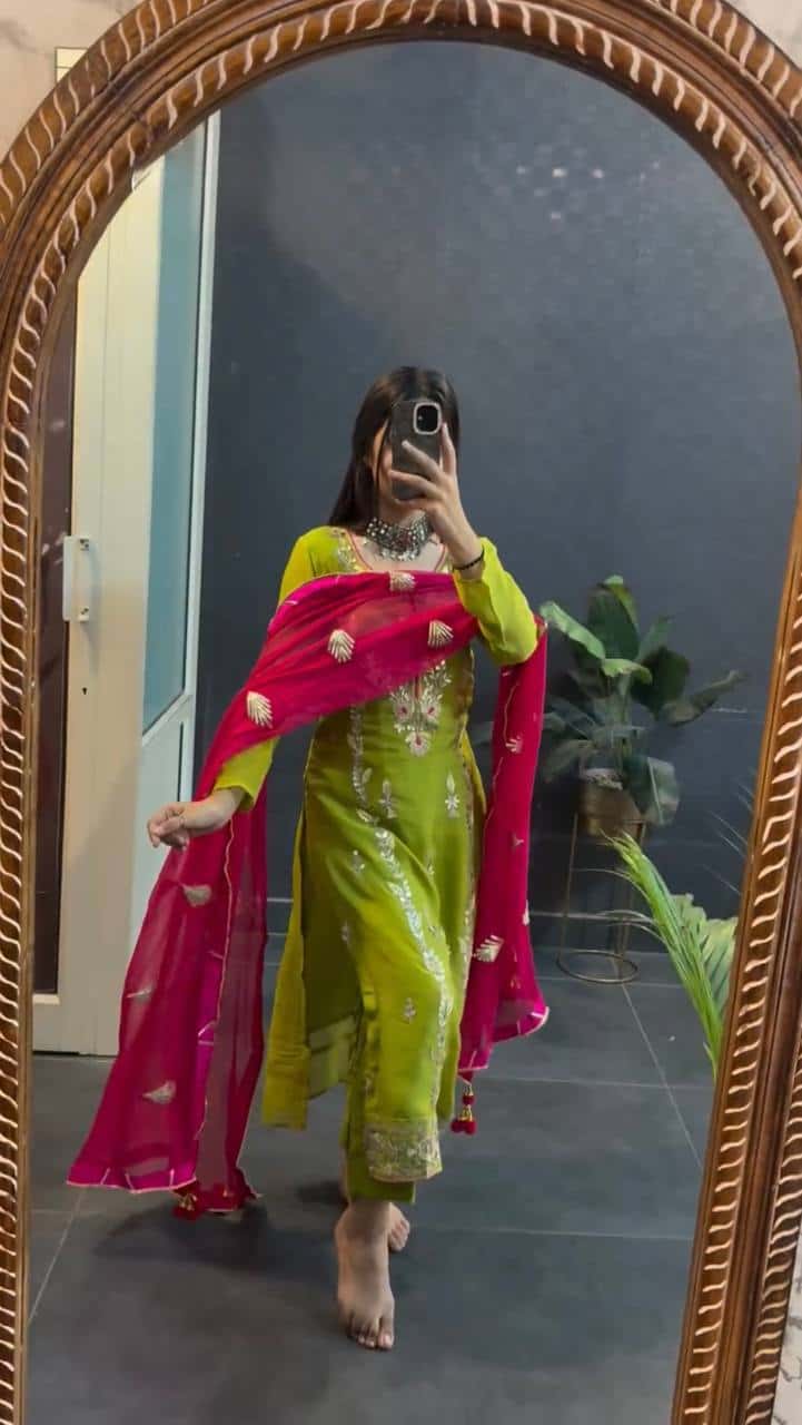 "Elegant Heavy Chinnon Silk Embroidered Set with Full Sleeves & Sequence Work"