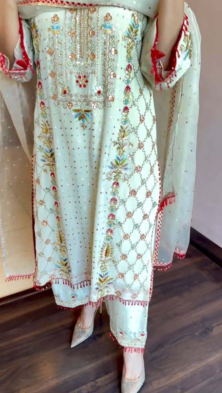 "Chinon Silk Embroidered Suit Set with Sequins, Thread Work & Fancy Lace Detailing"