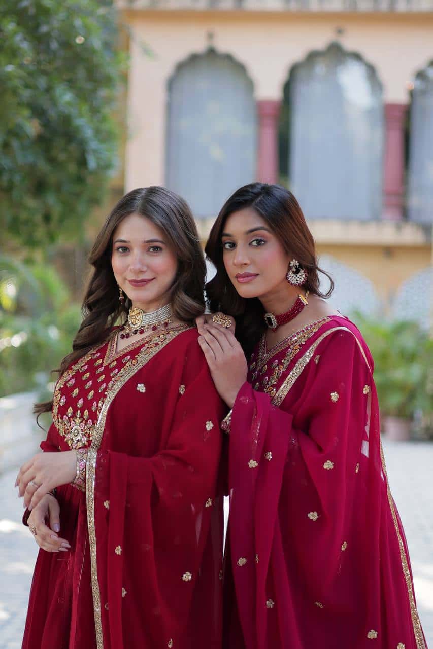 "Elegant Faux Blooming Georgette Gown with Sequins Embroidery & Matching Dupatta"