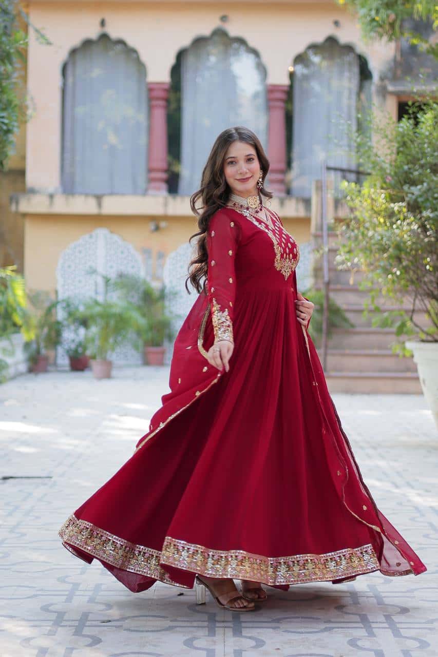 "Elegant Faux Blooming Georgette Gown with Sequins Embroidery & Matching Dupatta"
