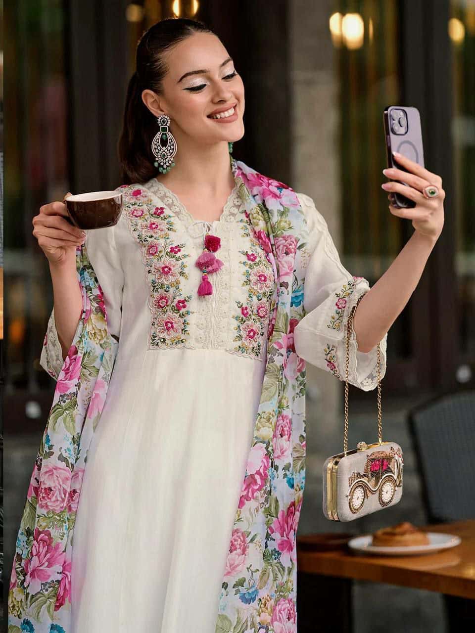 "Embroidered Chanderi Silk Top with Roman Silk Pant & Organza Dupatta – Fully Stitched, Ready-Made Set"
