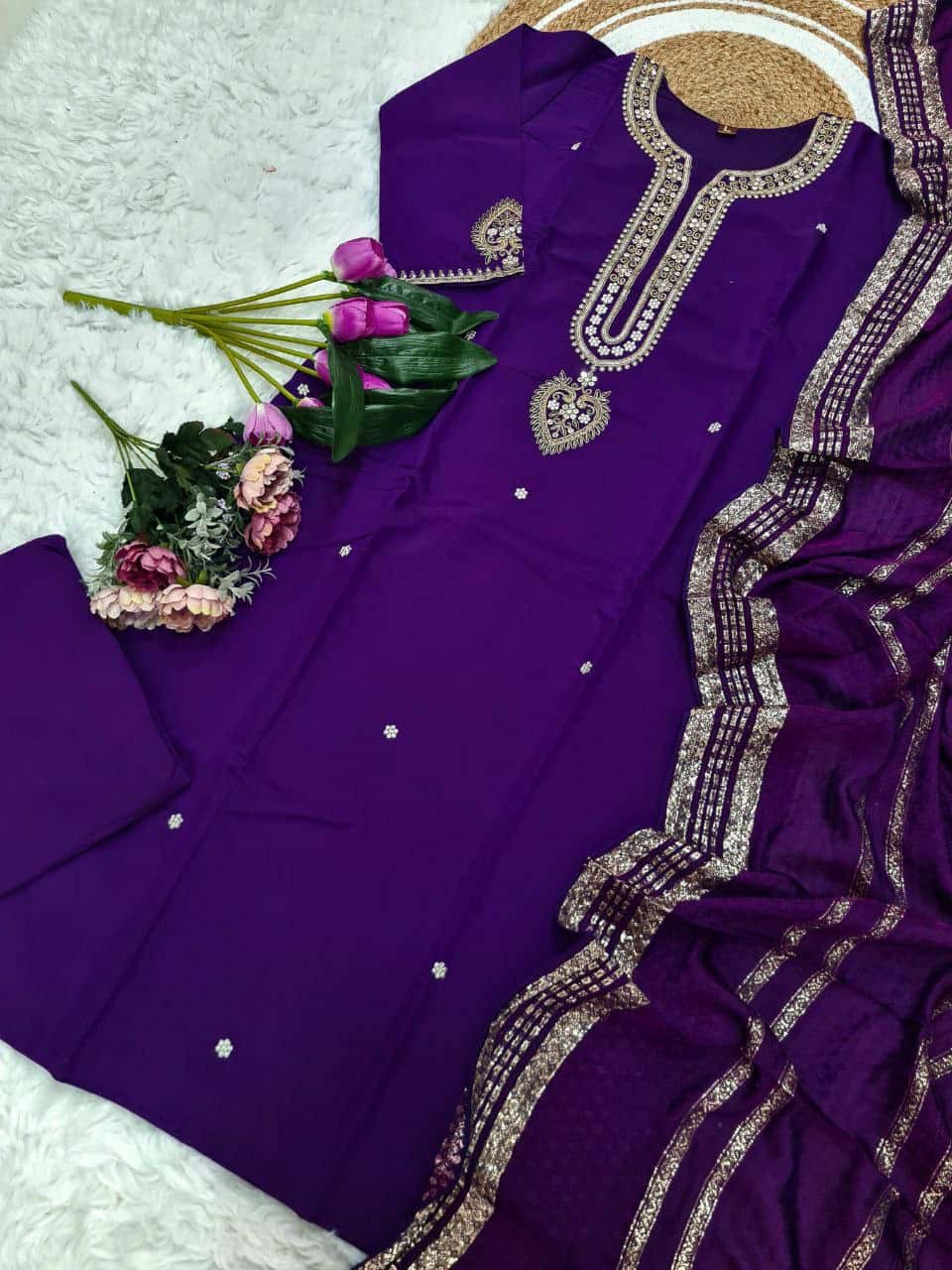 "Elegant Viscose Chanderi Kurti Set with Embroidered Sequins & Jacquard Dupatta"