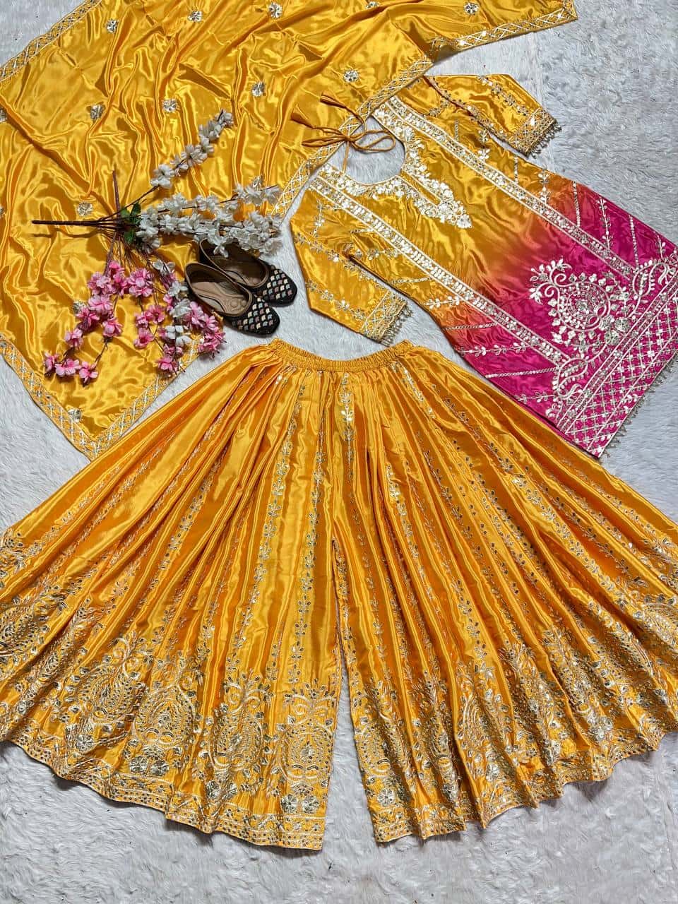 "Heavy Chinnon Silk Embroidered Top, Plazzo & Dupatta Set with Digital Print"