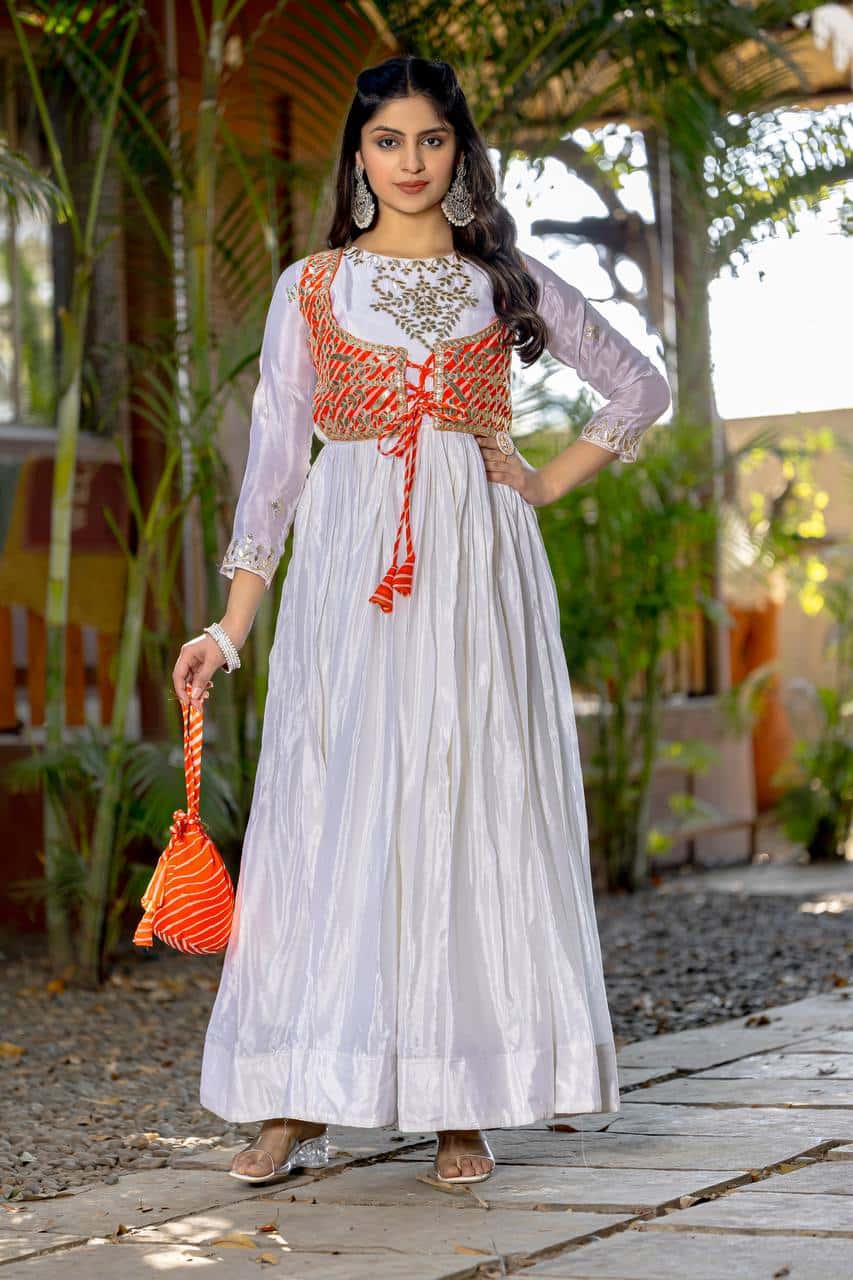 Pure Chinon and Laheriya Print gotta pati gown with attached jacket with matching hand purse