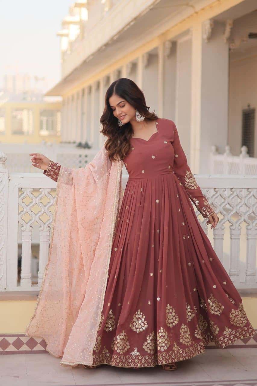 Designer anarkali flared georgette gown with silk dupatta,Thread & Sequins Embroidery work gown with full sleeves gown
