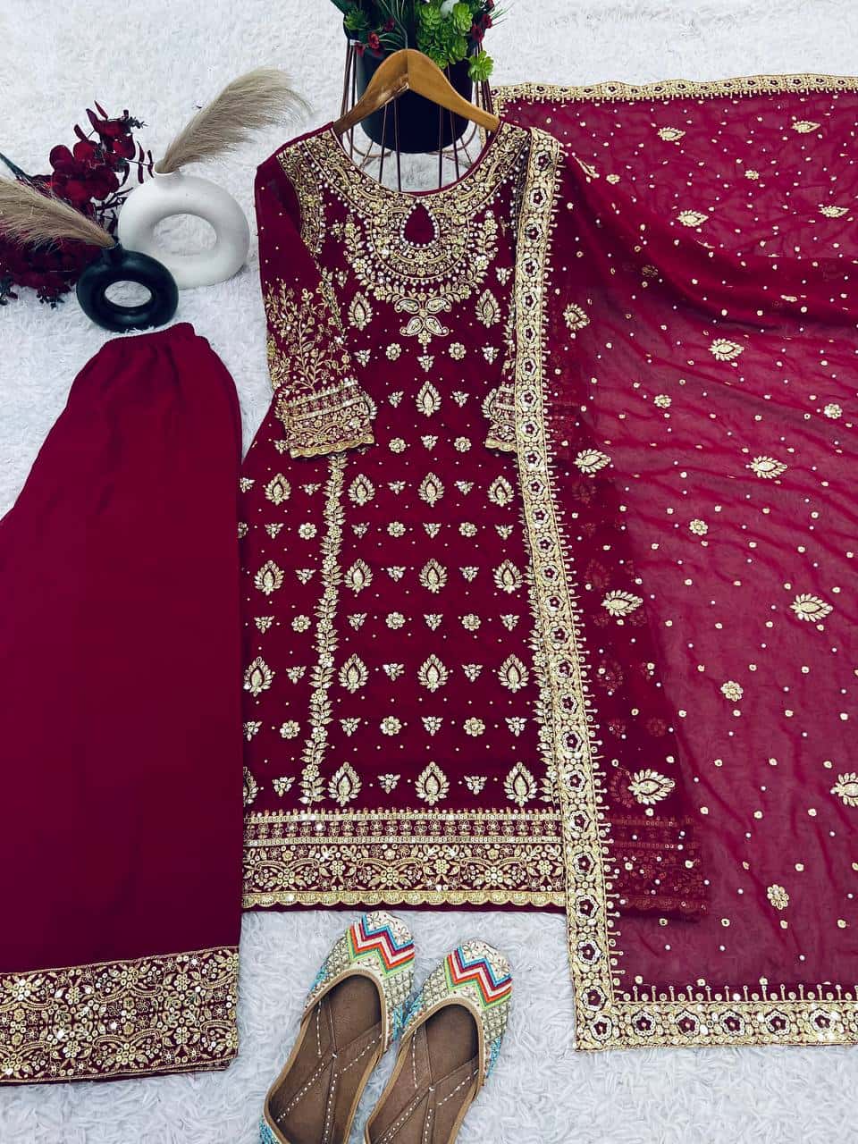 Elegant Embroidered Faux Georgette Top Pant and Dupatta Set