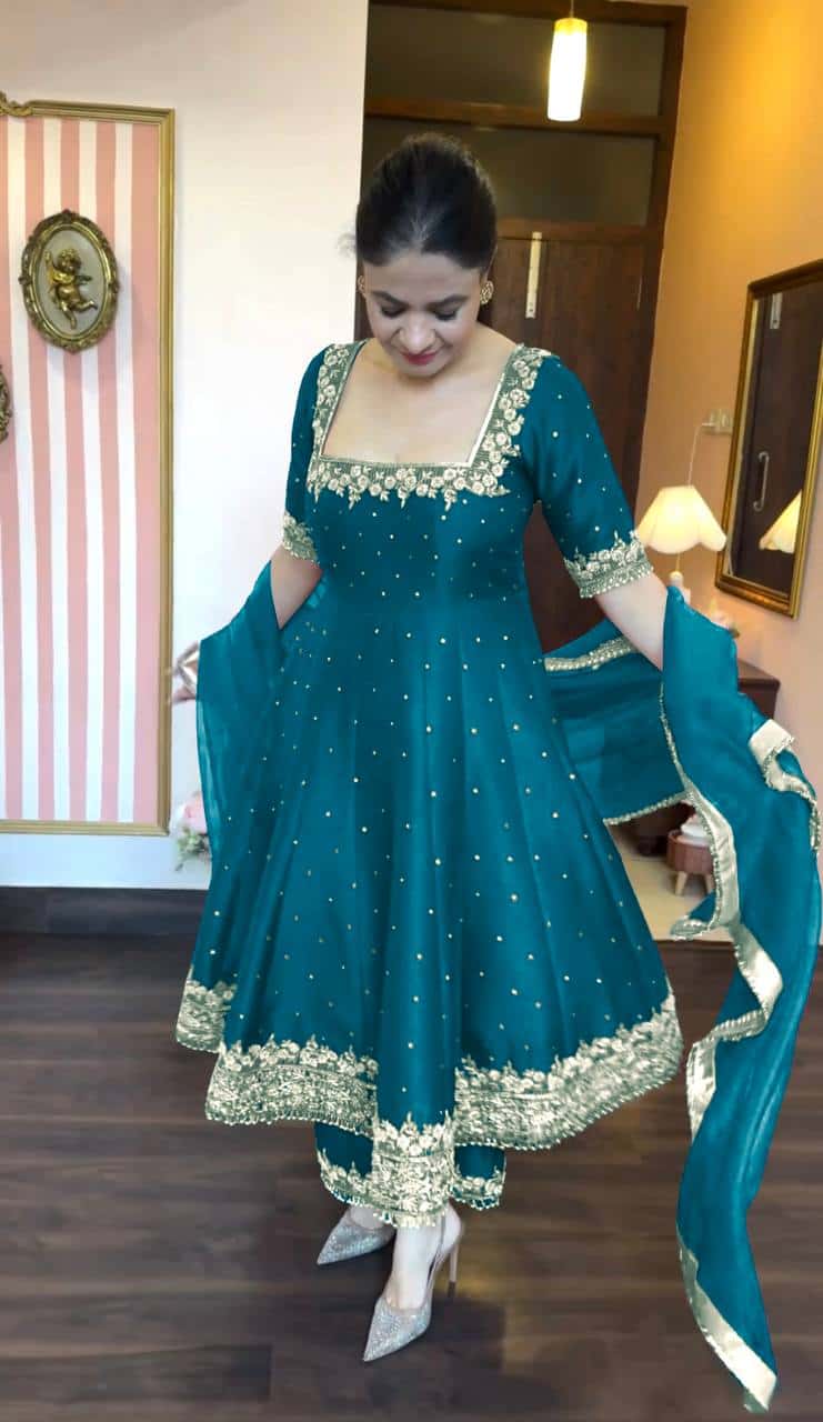 "Luxury Anarkali Gown Set with Vichitra Silk, Embroidered Sequence, Plazzo, and Designer Dupatta"