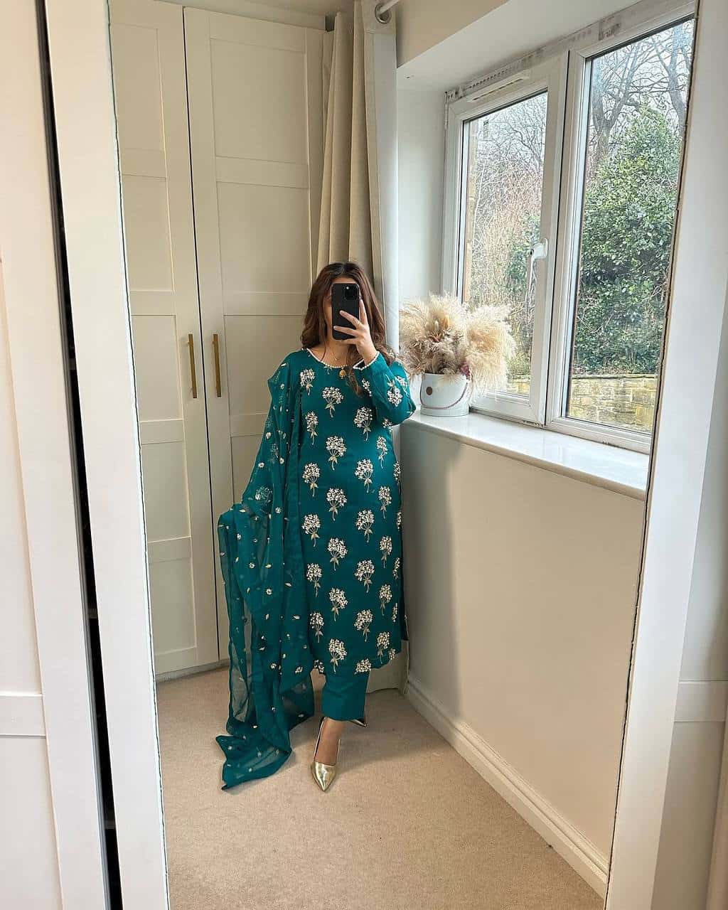 "Heavy Chinon Embroidered Long Top with Stitched Pant & Dupatta Set"