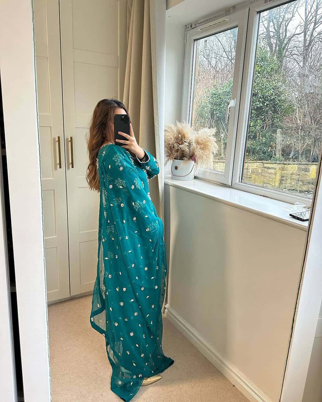 "Heavy Chinon Embroidered Long Top with Stitched Pant & Dupatta Set"