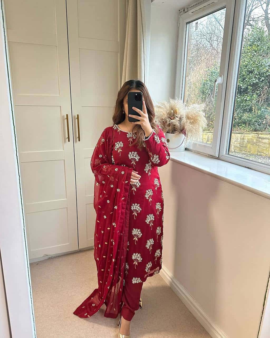 "Heavy Chinon Embroidered Long Top with Stitched Pant & Dupatta Set"