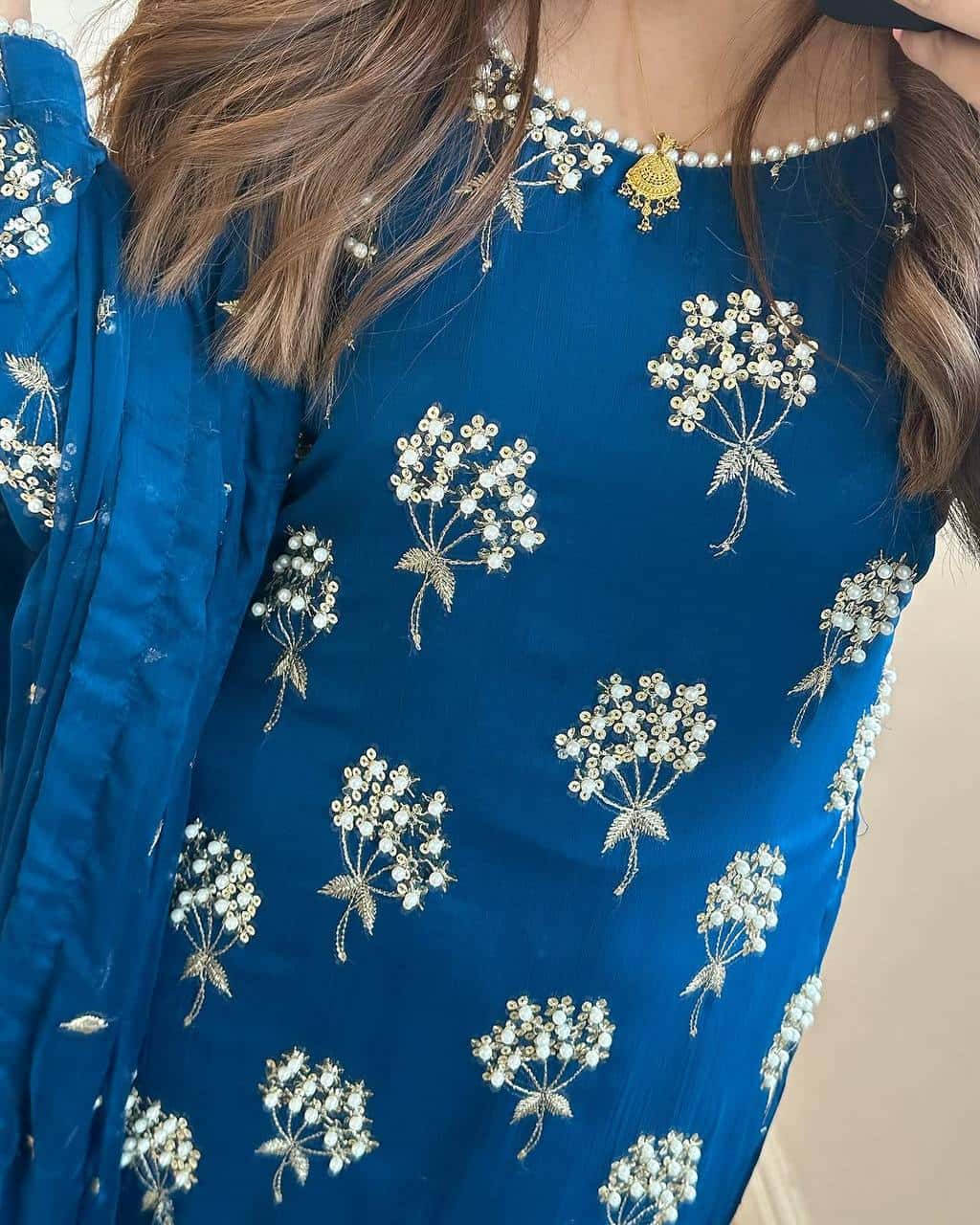 "Heavy Chinon Embroidered Long Top with Stitched Pant & Dupatta Set"