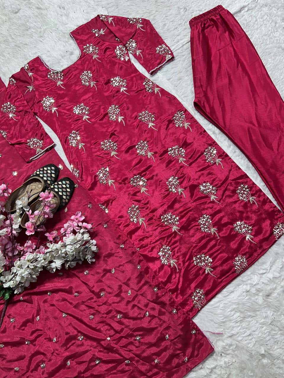 "Heavy Chinon Embroidered Long Top with Stitched Pant & Dupatta Set"