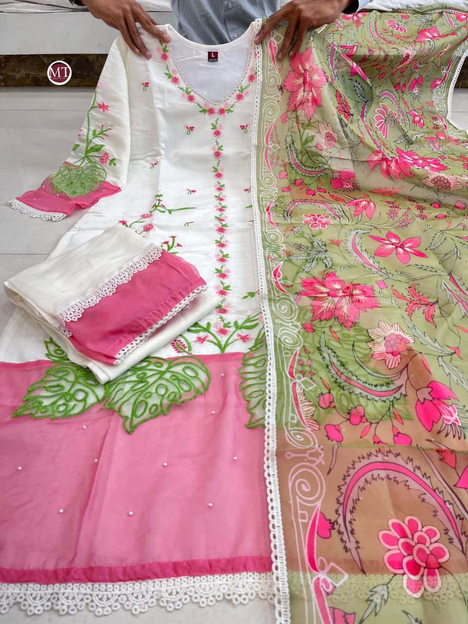 Exquisite Pure Banarasi Cotton Suit Set with Orgenza Dupatta and Pearl Moti Mala