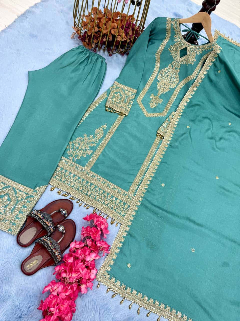 "Elegant Heavy Chinon Silk Embroidered Suit Set with Sequins, Dori Work & Fancy Latkan"