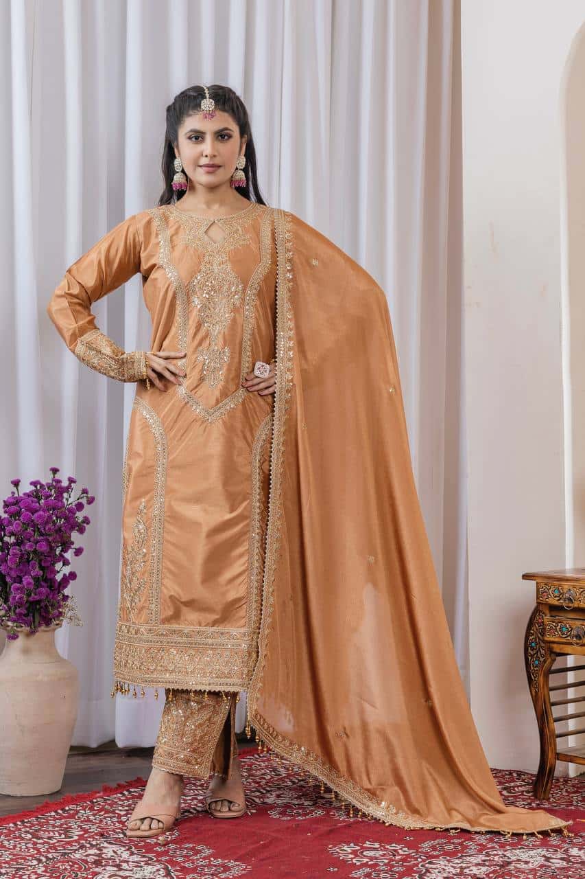 "Elegant Heavy Chinon Silk Embroidered Suit Set with Sequins, Dori Work & Fancy Latkan"