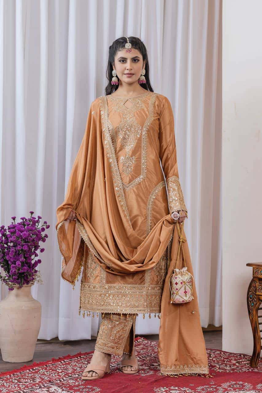 "Elegant Heavy Chinon Silk Embroidered Suit Set with Sequins, Dori Work & Fancy Latkan"