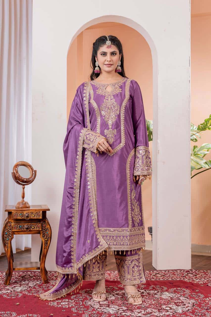 "Elegant Heavy Chinon Silk Embroidered Suit Set with Sequins, Dori Work & Fancy Latkan"