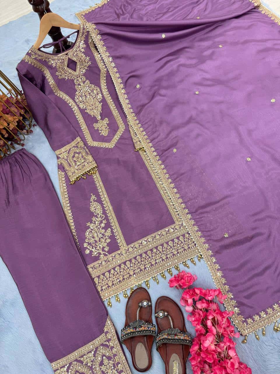 "Elegant Heavy Chinon Silk Embroidered Suit Set with Sequins, Dori Work & Fancy Latkan"