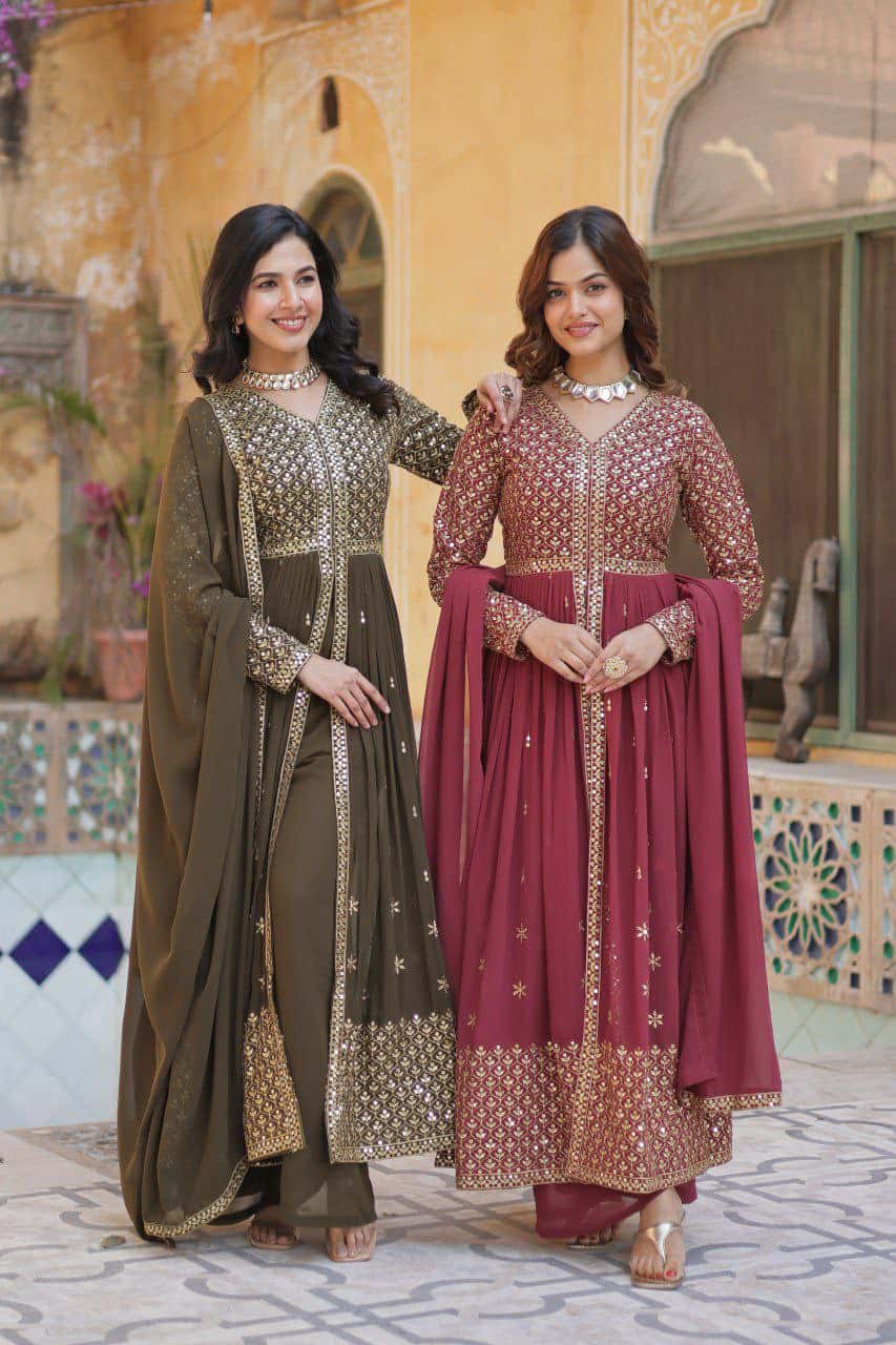 "Elegant Faux Georgette Embroidered Set with Sequins Dupatta"