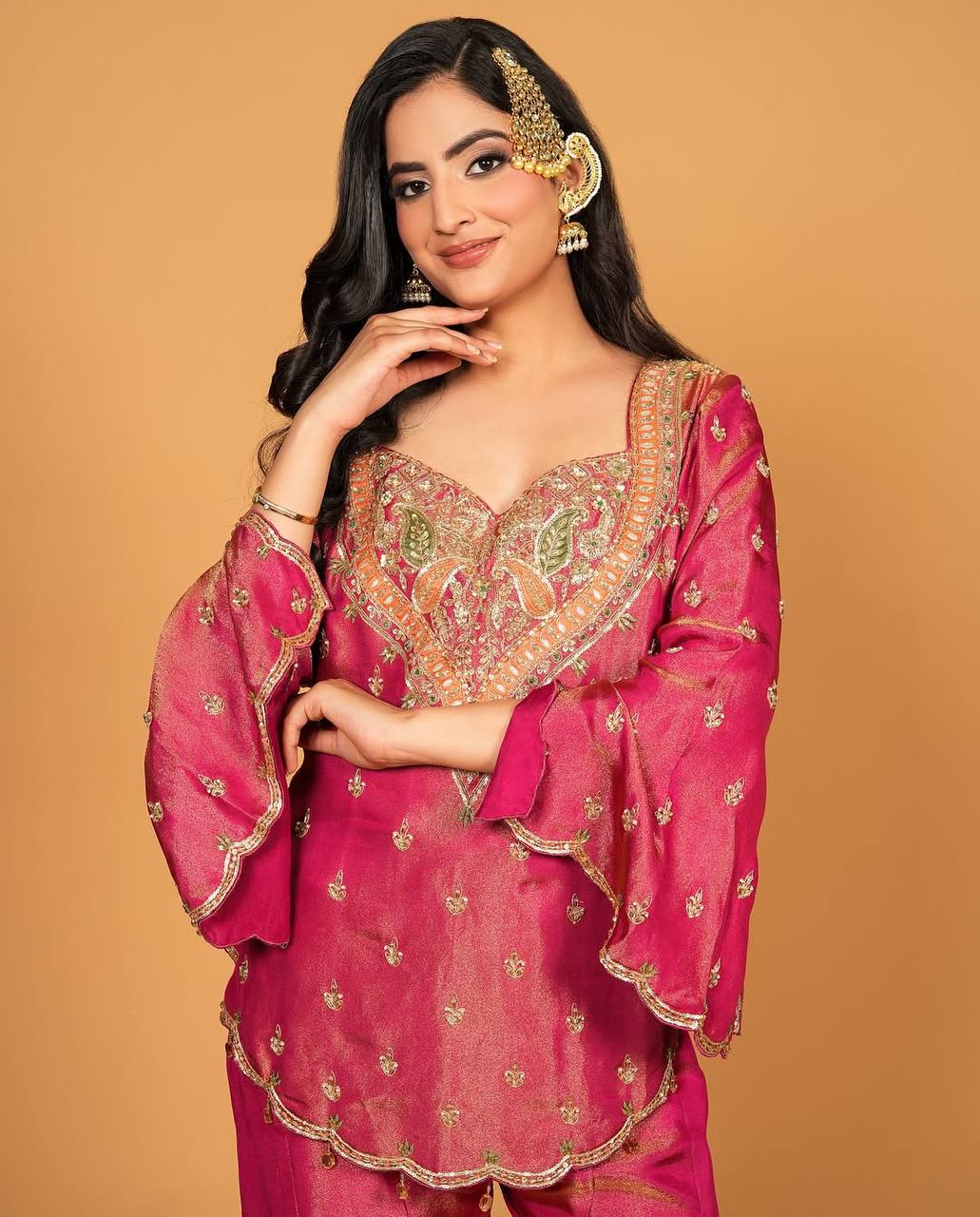 Party wear shimmer silk kurta palazzo with dupatta sets