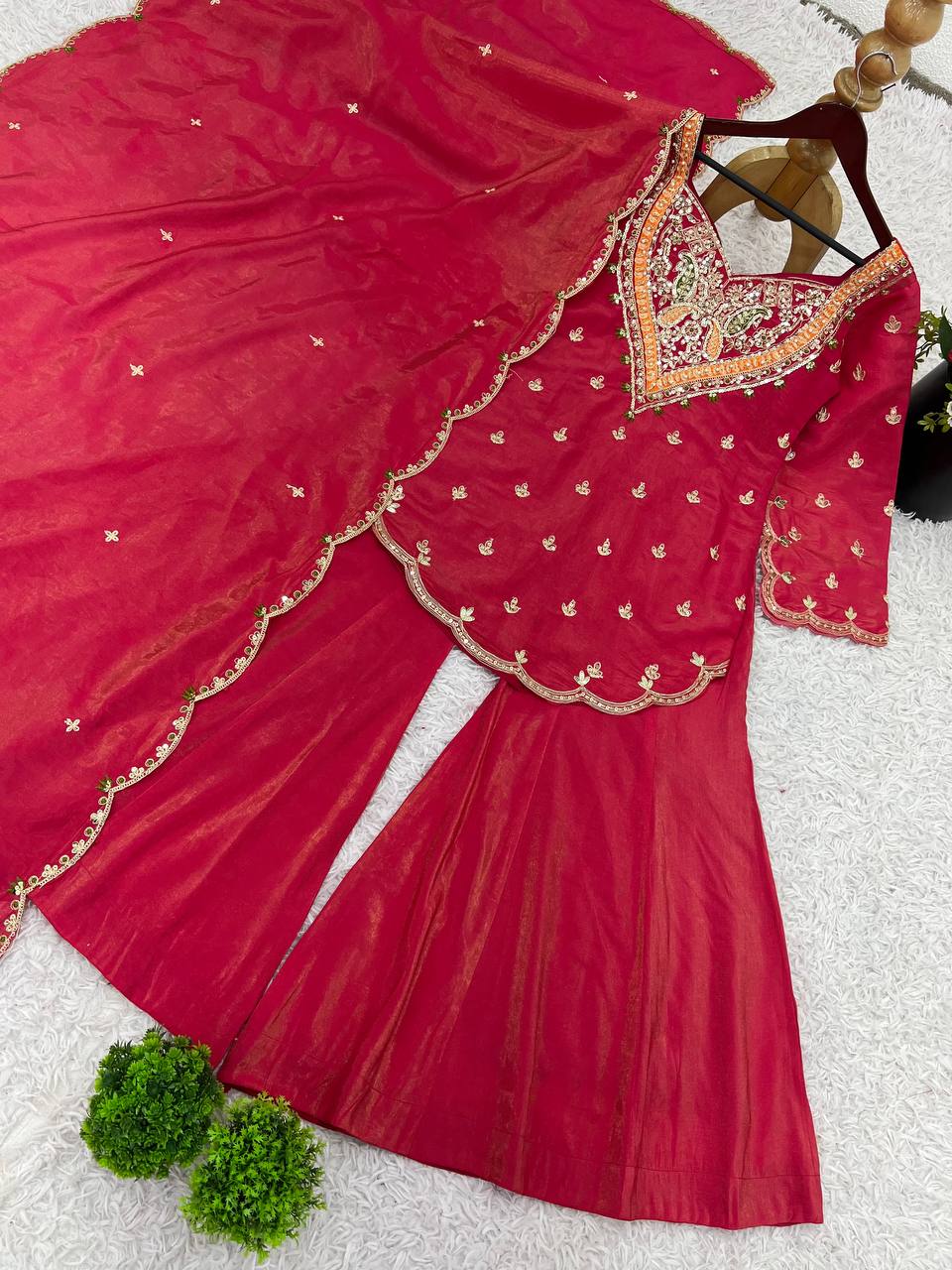 Party wear shimmer silk kurta palazzo with dupatta sets
