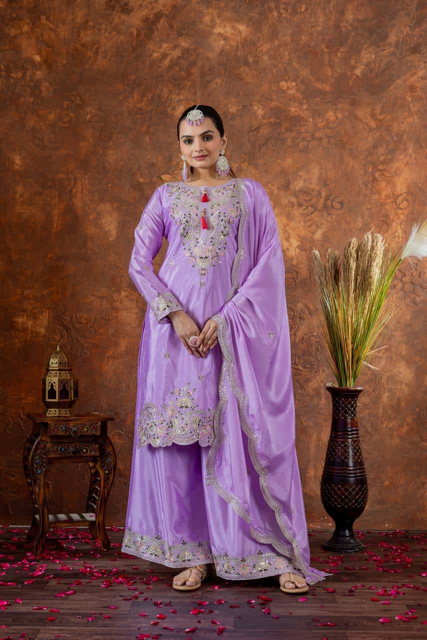 "Festive Embroidered Chinon Silk Ensemble with Tassels and Cutwork Dupatta"